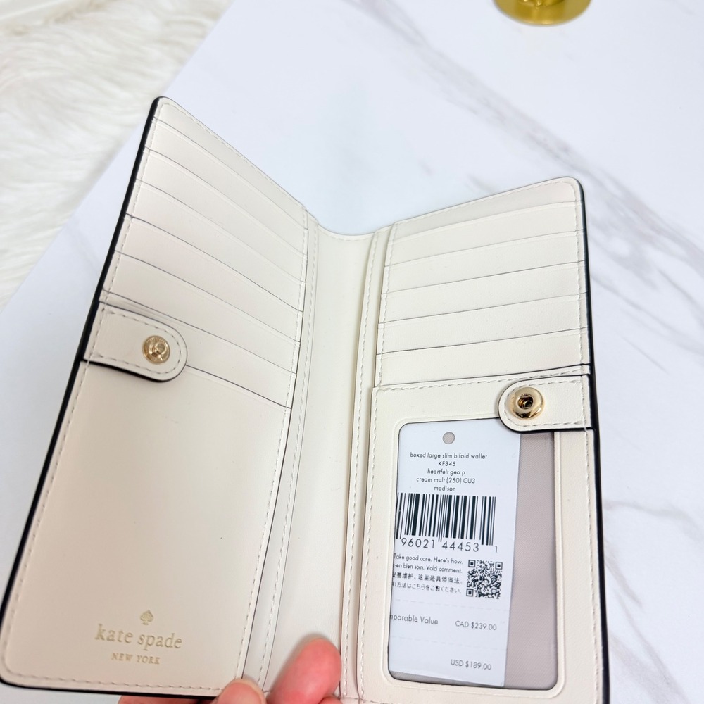 Kate Spade Madison Heartfelt Geo Boxed Large Slim Bifold Wallet Cream Multi - Picture 5 of 10